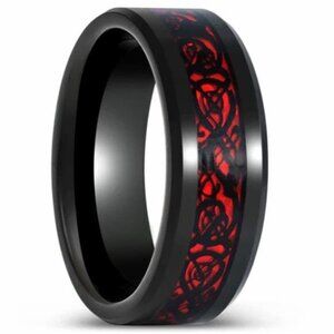 Men's Wedding Band Rings - Red Celtic Dragon Black Carbon Fiber - Wedding Rings